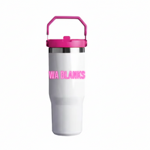 Load image into Gallery viewer, White tumbler with a pink lid on a white background