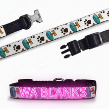 Load image into Gallery viewer, Two dog collars with paw and bone pattern on a white background
