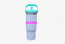 Load image into Gallery viewer, White tumbler with a turquoise lid on a wooden surface outdoors
