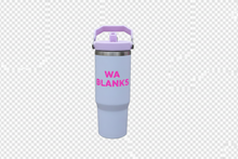 Load image into Gallery viewer, White tumbler with a purple lid on a wooden surface outdoors
