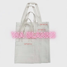 Load image into Gallery viewer, White tote bag with measurement text on a white background
