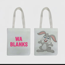 Load image into Gallery viewer, Tote bag with a cartoon rabbit design on a light gray background
